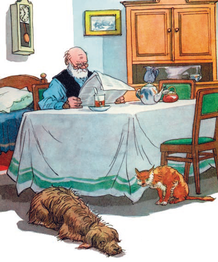 Дедушка читает газету за столом, а на полу рядом - кот и Барбос.