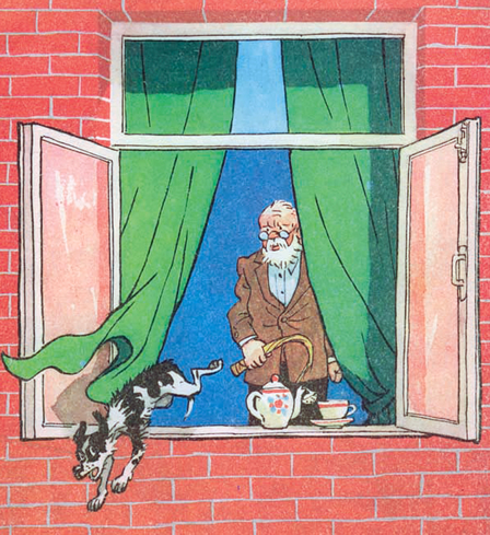 Дедушка с плеткой стоит у окна, а Бобик выскакивает из окна на улицу.